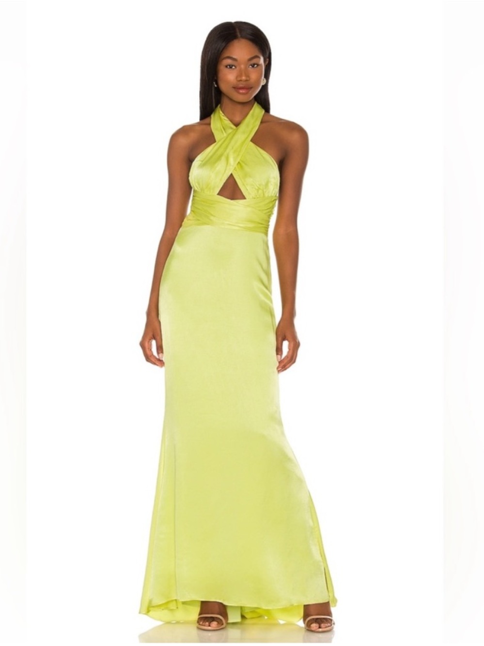 NBD Dress Edith Maxi Halter Cutout Satin in Green Yellow